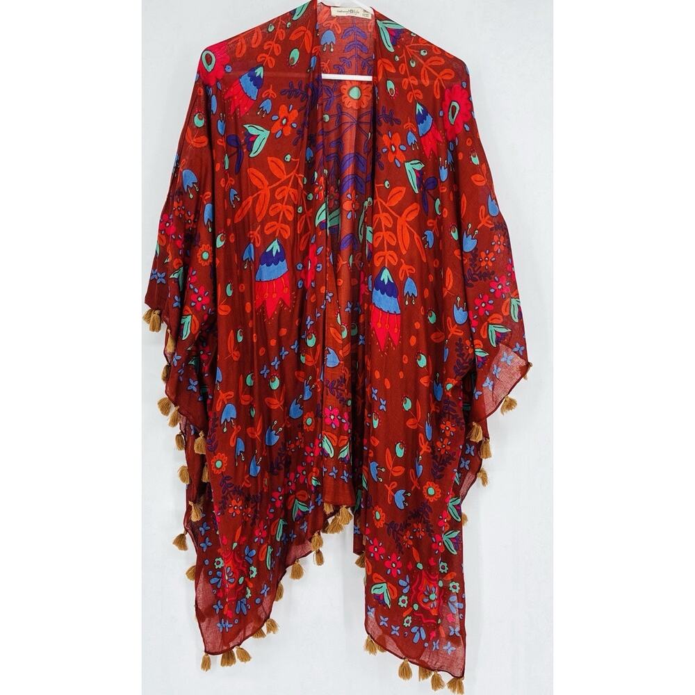 Natural Life Vibrant OS Boho Gold Tassel Feminine Asymmetric slv opening Kimono